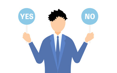 ビジネススーツを着たビジネスマンがイエスノーの棒を持つシンプルなイラスト