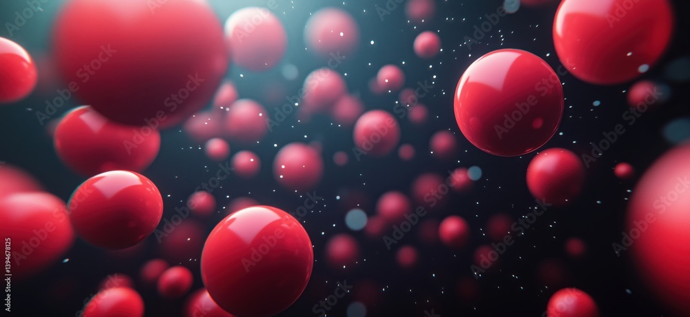 Poster red spheres floating in dark space with sparkling particles and depth effect