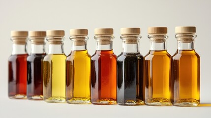 A collection of small glass bottles showcases liquids in shades of amber, gold, and brown, emphasizing their uniform shape and size