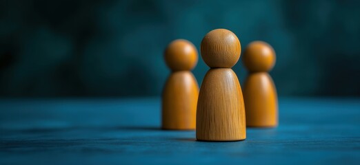 Wooden figurines representing teamwork and collaboration on a blue background
