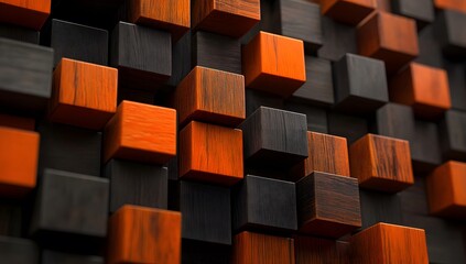 Abstract arrangement of orange and black wooden cubes creating a three dimensional pattern.