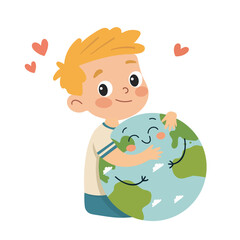 Cute little boy holding Earth planet. Vector illustration in cartoon style. Earth day concept. Children's illustration in flat style