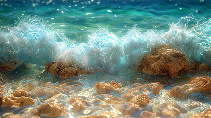 Tropical ocean shoreline with dramatic lava boulders and foamy waves under a bright blue sky and fluffy clouds