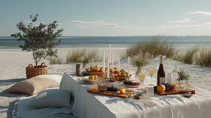 Elegant beach picnic with a white linen blanket, wine glasses, candles, and fresh fruit by the shore