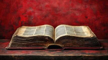 Aged book on crimson background
