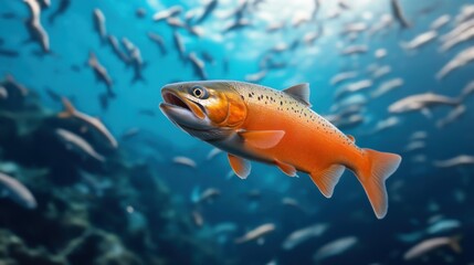 Naklejka premium Vibrant Freshwater Fish Swimming Gracefully in Clear Blue Underwater Environment with School of Fish in Background