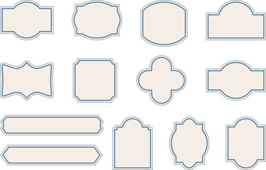 Elegant vintage labels with ornate frames in antique cream and dusty blue color. Classic tags with decorative border for handmade branding and rustic packaging. Set of vector designs with blank space
