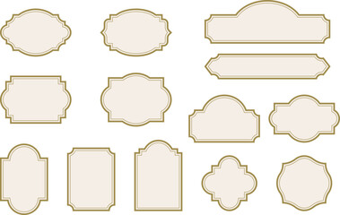 Elegant vintage labels with ornate frames in cream beige and gold color. Classic tags with decorative border for handmade branding and rustic packaging. Set of vector designs with blank space
