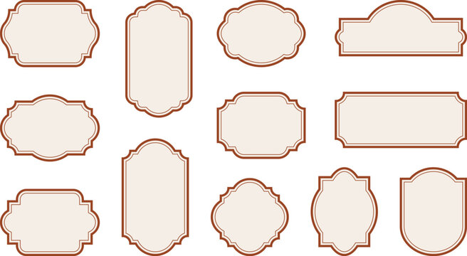 Elegant vintage labels with ornate frames in cream beige and red color. Classic tags with decorative border for handmade branding and rustic packaging. Set of vector designs with blank space