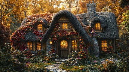 Fototapeta premium Autumnal cottage nestled in forest