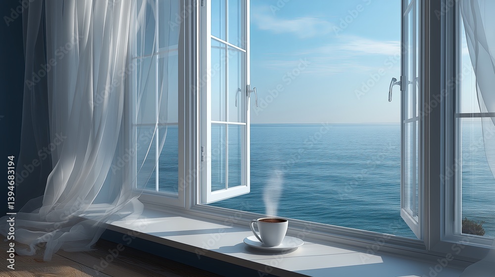 Poster ocean view from an open window with sheer white curtains, a cup of coffee steaming on the sill
