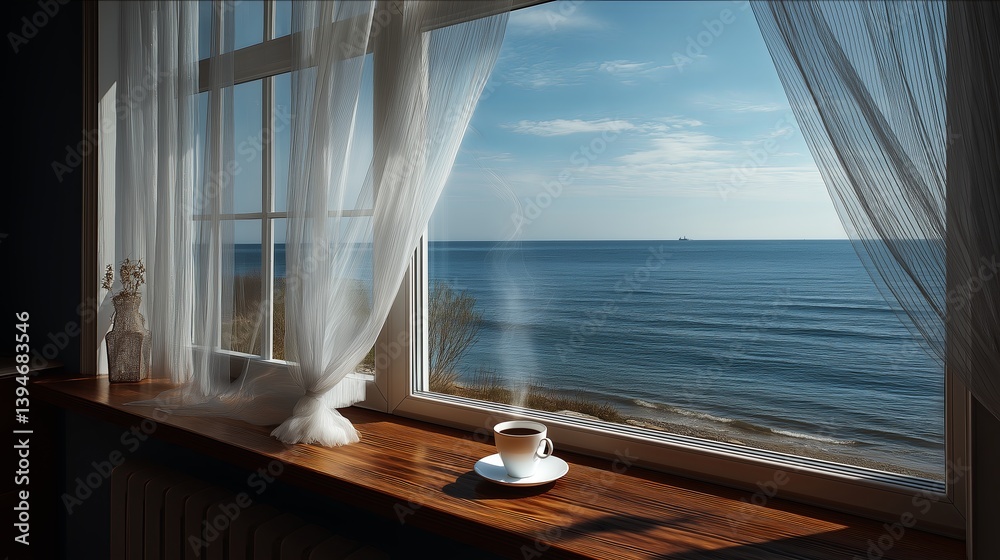 Poster ocean view from an open window with sheer white curtains, a cup of coffee steaming on the sill