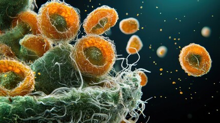 A microscopic view of a bacterial cell, with orange and white spherical structures and a green base.