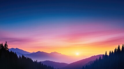 Obraz premium Breathtaking Sunrise Over Mountain Range with Colorful Sky and Silhouetted Pine Trees in the Foreground
