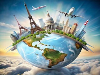 A plane flying above the middle of the globe with famous places on the edge of the globe