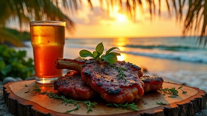 Grilled ribeye steak and beer at sunset on tropical beach
