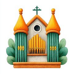 Church Pipe Organ Illustration with Orange and Green Accents