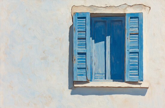 Fototapeta Close Up of Blue Shuttered Window on White Greek House