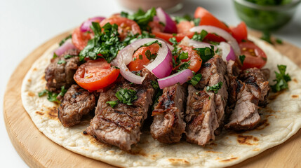 Grilled Steak Slices with Tomatoes, Red Onions, Parsley on Tortilla Wrap