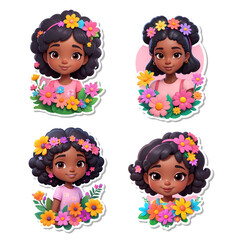 Fototapeta premium Illustration spring stickers cute girl with colorful flowers cartoon characters collection isolated on transparent background, PNG file add