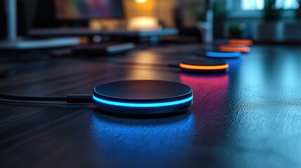 Modern audio devices on dark surface