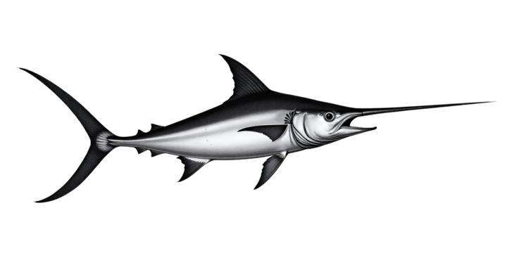 Swordfish Illustration, Black and White, Transparent Background.