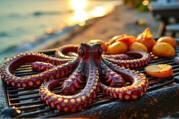 Grilled octopus and vegetables on beachside barbecue at sunset