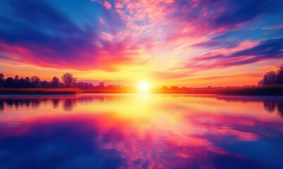 Stunning sunset over tranquil lake with vibrant colors and reflections