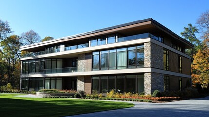 This contemporary five story apartment building in Syracuse, New York features sleek design, large windows, and well-maintained landscaping