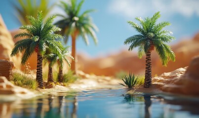 Fototapeta premium Tropical oasis with palm trees and serene water in desert landscape