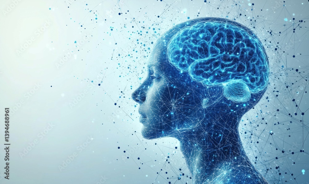 Poster digital representation of human brain with neural connections and data visualization