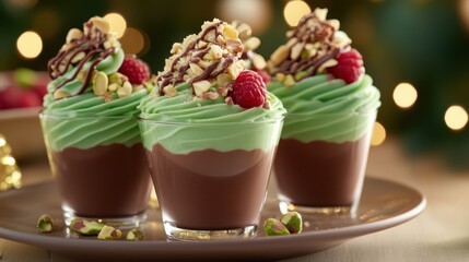 Delicious Dessert Delight: Decadent dessert cups showcasing layers of rich chocolate and vibrant green cream, beautifully garnished with fresh raspberries and chopped nuts.
