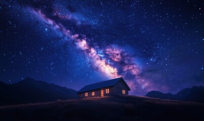 Starlit Night Sky Over Isolated House with Milky Way Galaxy in Background