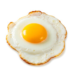 Close-up of a single, cooked fried egg against a plain white background.