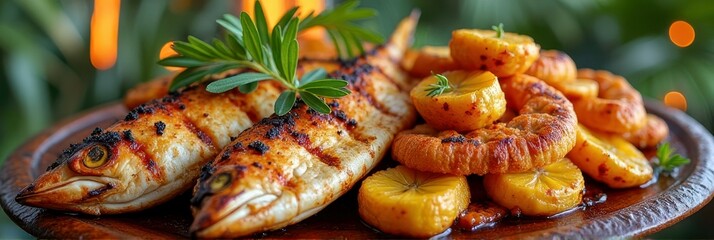 Grilled fish with roasted potatoes and onions garnished with fresh herbs