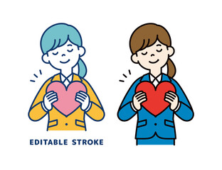 目を閉じてハートを抱く、若い女性会社員のベクターイラスト素材＿線の編集可能