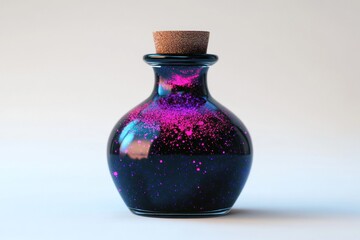Glass bottle contains an enchanting potion, revealing a mixture of vibrant colors and sparkles against a simple background