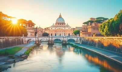 Fototapeta premium St. Peter's Basilica at Sunrise Over Tiber River in Rome, Italy