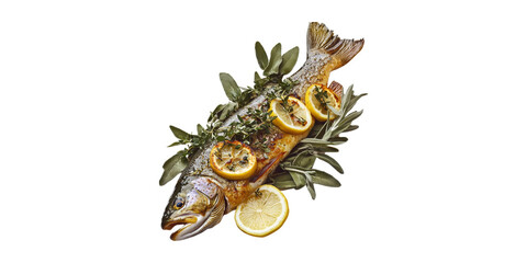 Fototapeta premium Whole Baked Fish With Lemon And Herbs. Culinary Presentation And Gourmet Cooking Concept Isolated On Transparent Background