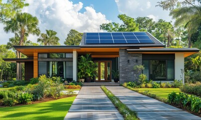 Fototapeta premium Modern eco-friendly home with solar panels and lush landscaping in sunny environment