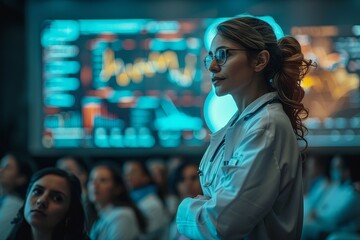 A woman in a white lab coat stands in front of a large screen displaying graphs