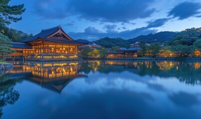 Naklejka premium Serene Japanese Temple Reflected in Calm Waters at Dusk with Illuminated Architecture