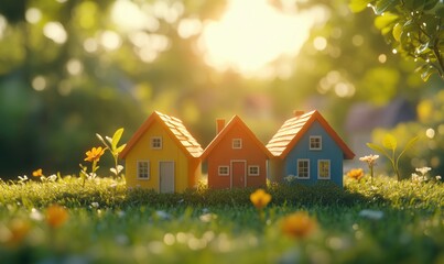 Colorful miniature houses in vibrant garden setting with sunlight and flowers