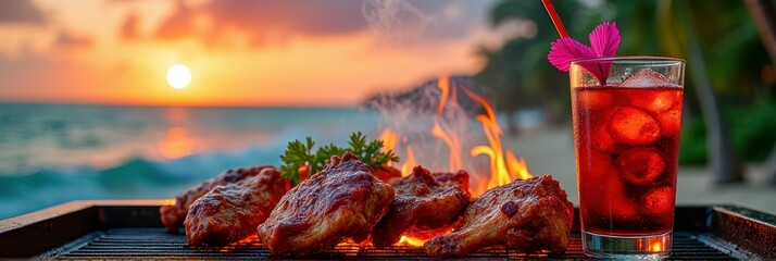 Tropical beach bbq sunset with grilled chicken and refreshing drink