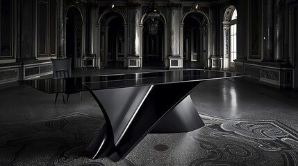 A striking black, modern dining table in a grand historical interior.