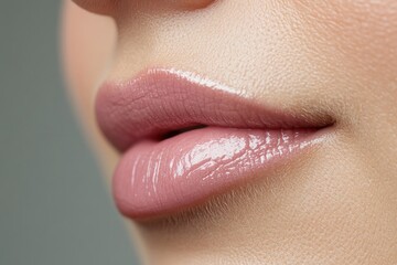 Fototapeta premium Soft lighting accentuates the delicate features of a Korean woman, focusing on her lips and nose with a subtle, natural look