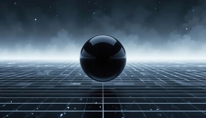 A sleek black sphere is centered in a dark, digital landscape with grid lines and a starry backdrop, evoking a futuristic atmosphere.