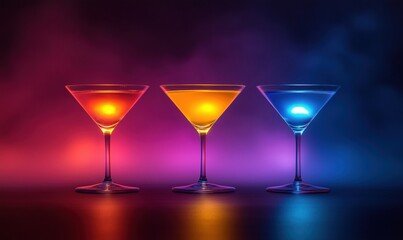 Colorful cocktail glasses with vibrant lighting effects in a dark setting