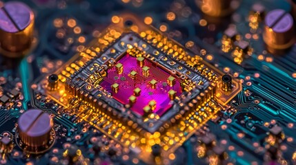 Obraz premium Close-up of a Vibrant Microchip on a Circuit Board with Colorful Lights and Blurred Background