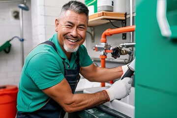 A man in a green shirt and blue apron is smiling while working on a sink